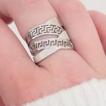 Bague large femme motif grec – Acier inoxydable ajustable doré ou argenté