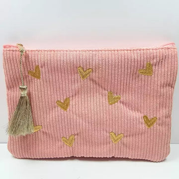 Trousse en velours côtelé rose brodée de cœurs dorés avec pompon, pochette femme
