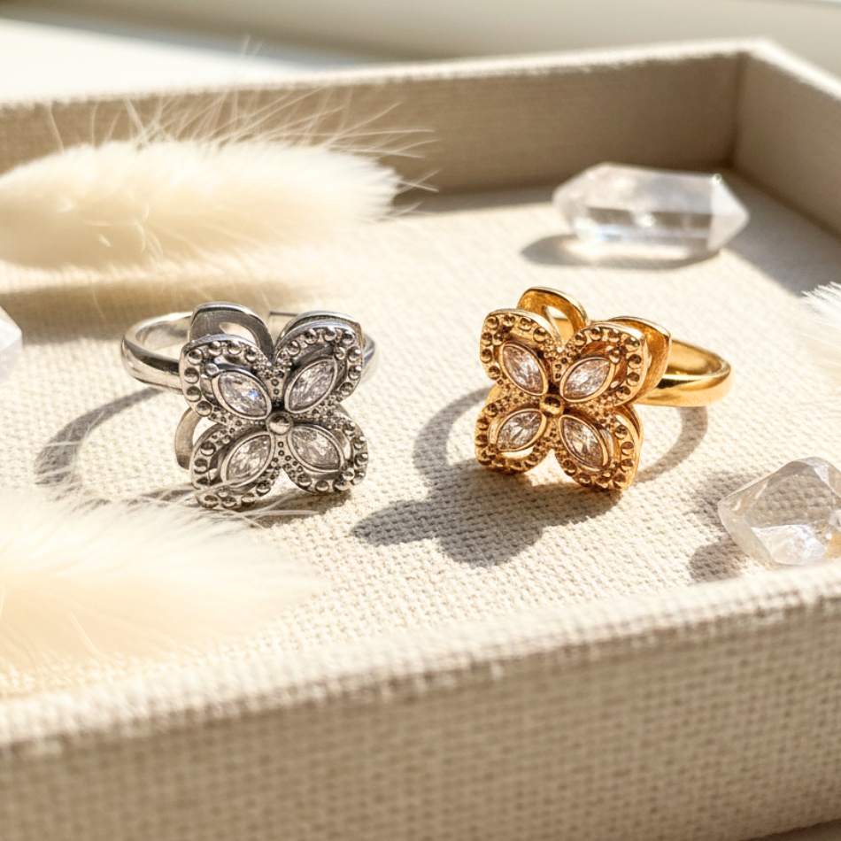 Bague Fleur Réglable Avec Strass Colorés - Métal Doré Sans Nickel, Taille Universelle