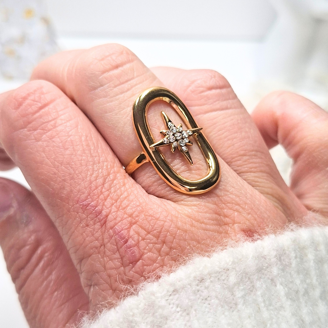 Bague argentée en acier inoxydable étoile du nord portée sur la main