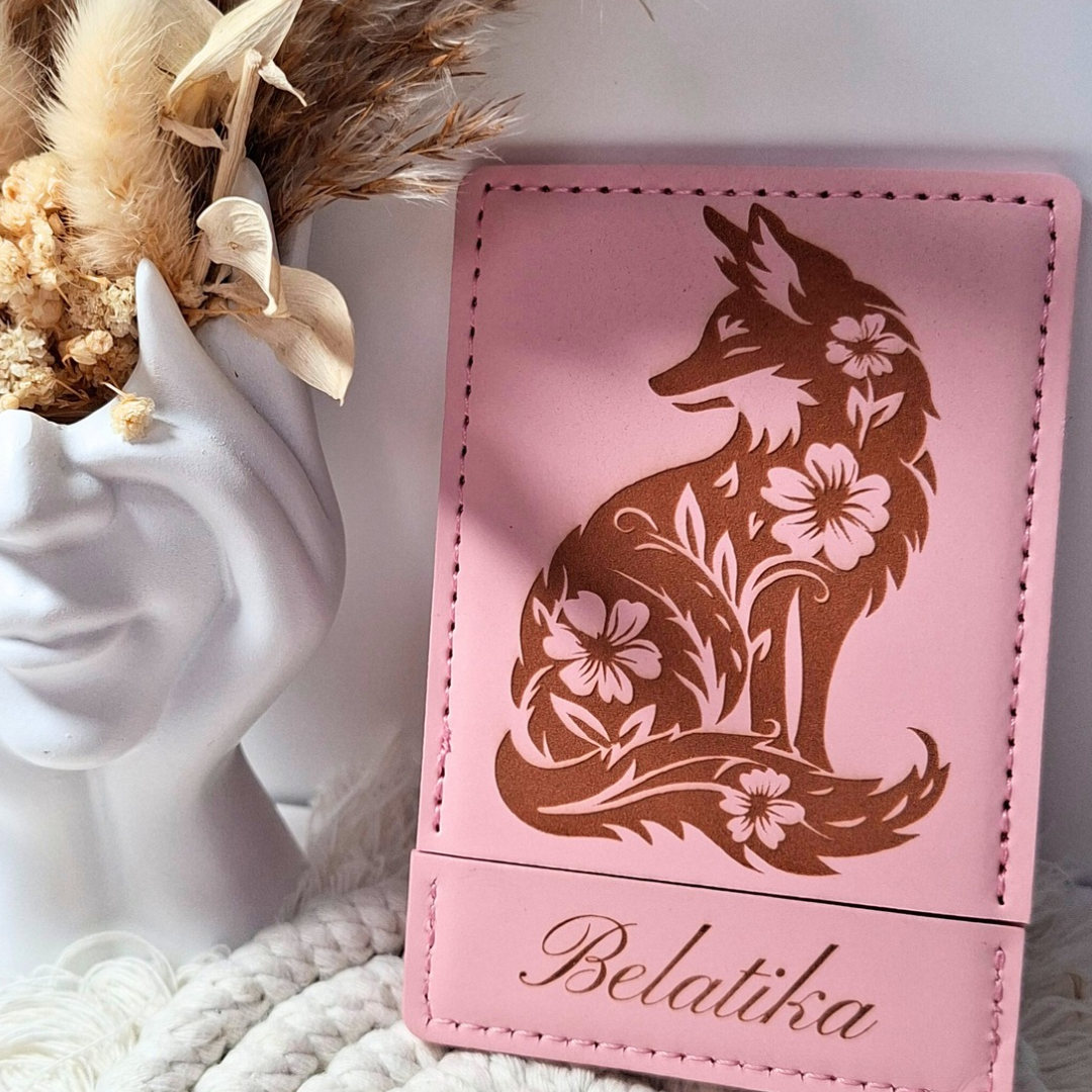 Miroir de poche rose personnalisable avec gravure renard fleuri et prénom doré Belatika