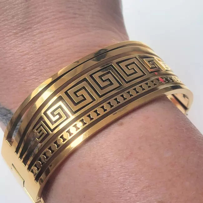 Bracelet jonc femme large argenté en acier inoxydable avec motif grec