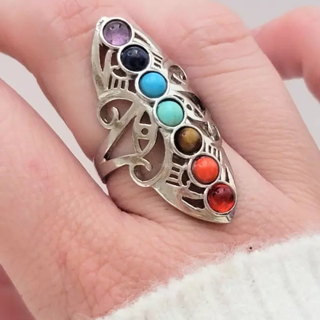 Bague ajustable 7 chakras portée au doigt, acier inoxydable argenté