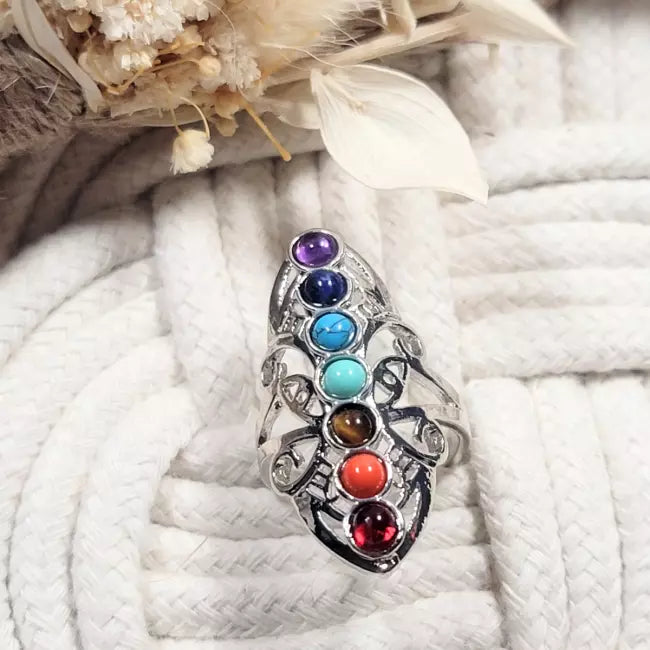 Bague ajustable 7 chakras portée au doigt, acier inoxydable argenté