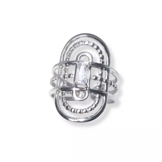 Bague femme argentée style vintage en acier inoxydable avec motif travaillé