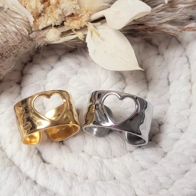 Bague ajustable femme argentée en acier inoxydable avec cœur ajouré