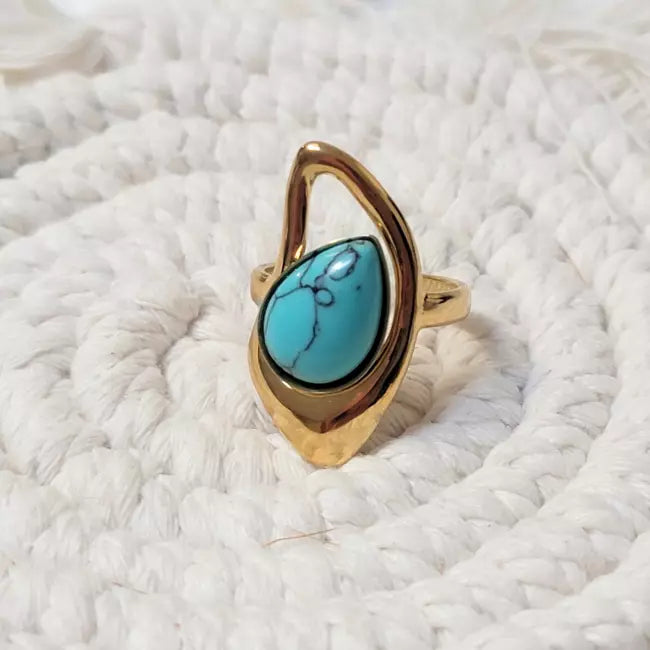 Bague ajustable femme en acier inoxydable doré avec pierre turquoise bleue