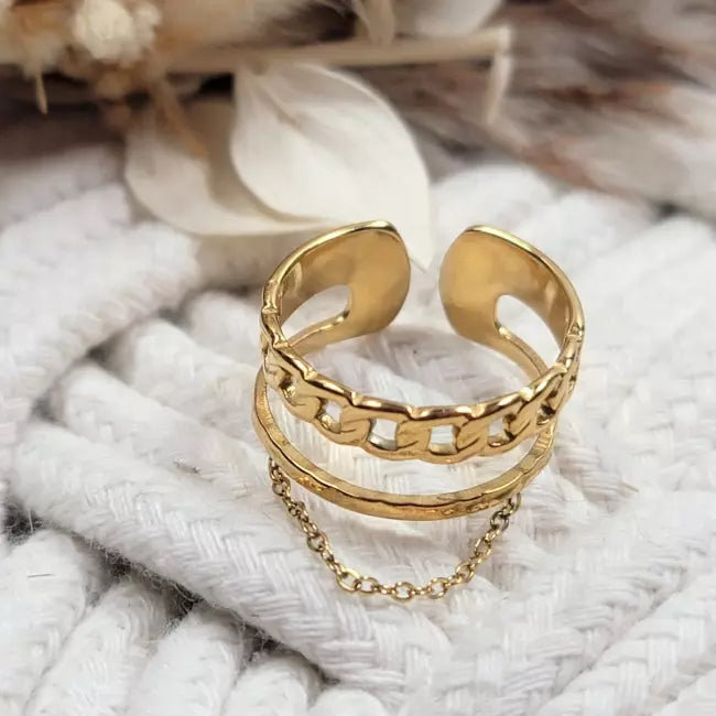 Bague ajustable femme style chaîne dorée en acier inoxydable