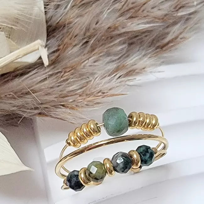 Bague dorée femme ajustable à deux rangs – Bijou perles vertes en acier inoxydable