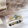 Bague dorée ajustable femme avec deux rangs de perles vertes – Acier inoxydable