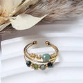 Bague femme dorée à deux rangs perles vertes – Bijou tendance ajustable