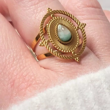Bague dorée femme ajustable avec pierre amazonite – Bijou acier inoxydable