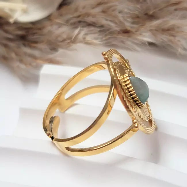 Bague dorée ajustable femme avec pierre amazonite ovale – Acier inoxydable
