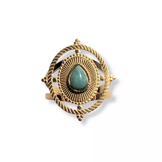 Bague dorée femme ajustable avec pierre amazonite – Bijou acier inoxydable