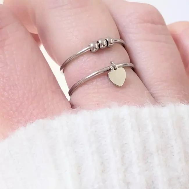 Bague ajustable femme dorée en acier inoxydable avec perles et pendentif cœur