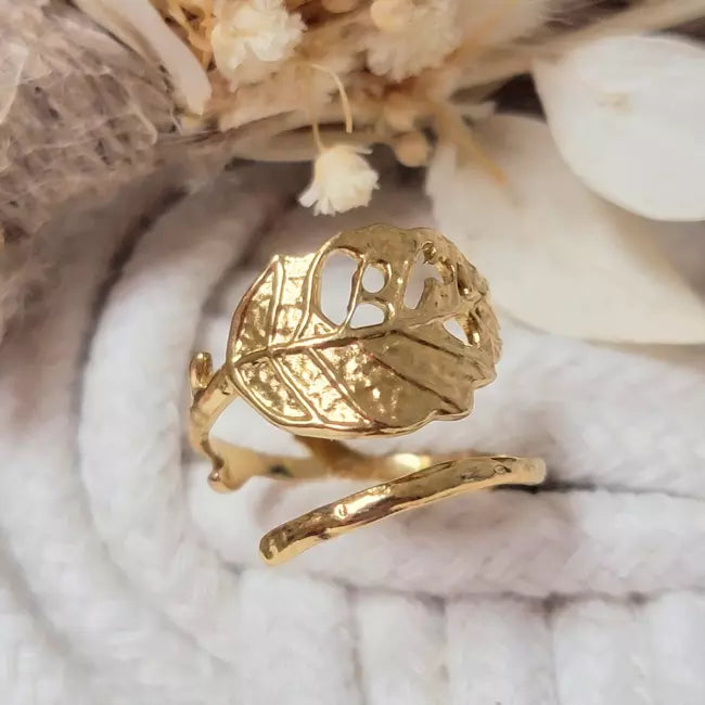 Bague ajustable femme dorée en acier inoxydable motif feuille
