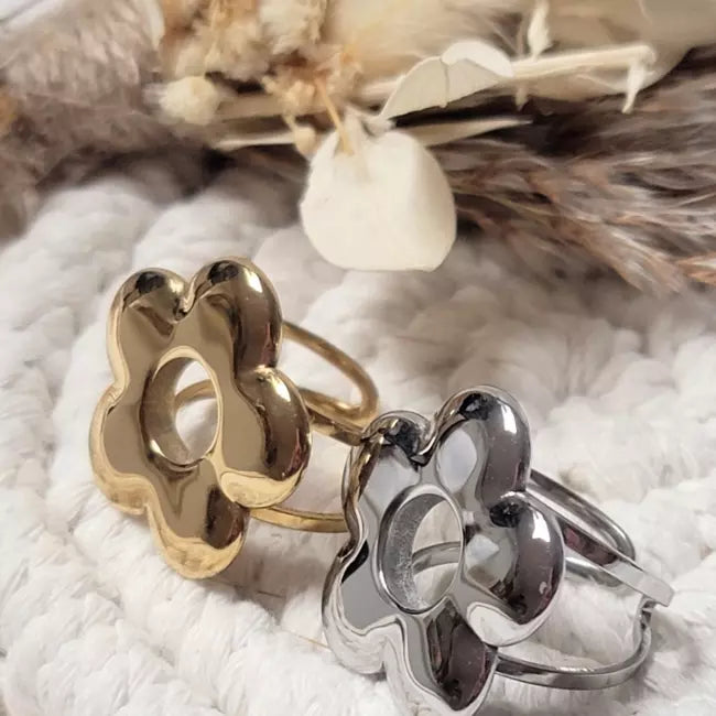 Bagues fleur femme acier inoxydable doré et argenté – Bijoux ajustables