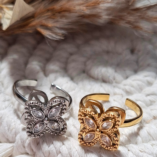 bague fleur anti stress rotative dorée ajustable en acier inoxydable avec strass