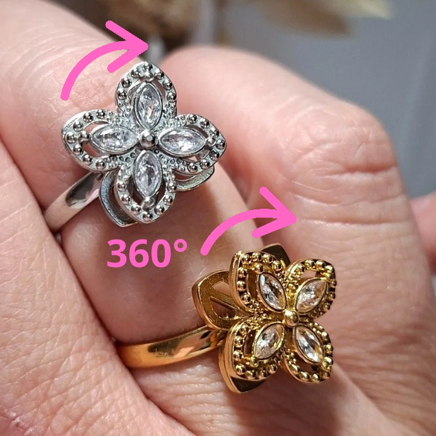 bague fleur anti stress argentée avec fleur qui tourne et strass brillants