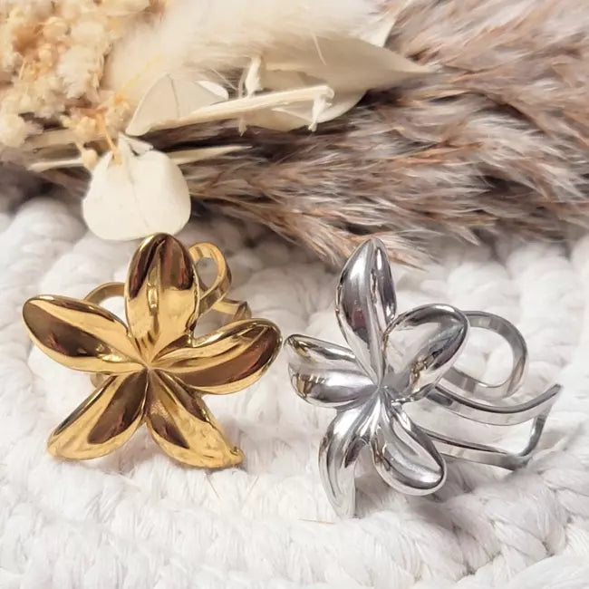 Bagues fleur femme dorée et argentée – Acier inoxydable ajustables
