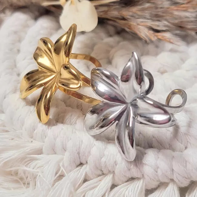 Bague fleur acier inoxydable doré et argenté – Bijou ajustable femme