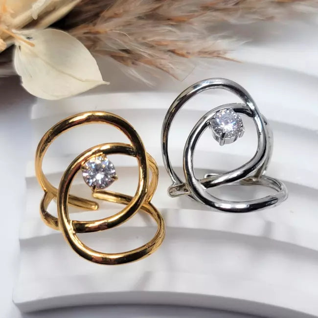 Bague dorée ajustable femme avec strass – Bijou moderne en acier inoxydable