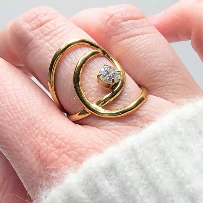 Bague argentée ajustable femme avec strass brillant – Acier inoxydable moderne