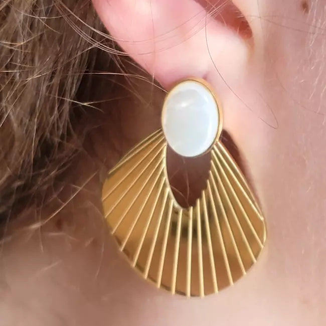 Boucles d’oreilles en acier inoxydable doré avec nacre blanche portées – bijou élégant femme