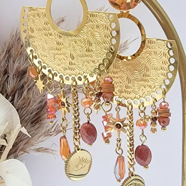 Boucles d’oreilles bohème chic dorées en acier inoxydable avec pendentifs décoratifs