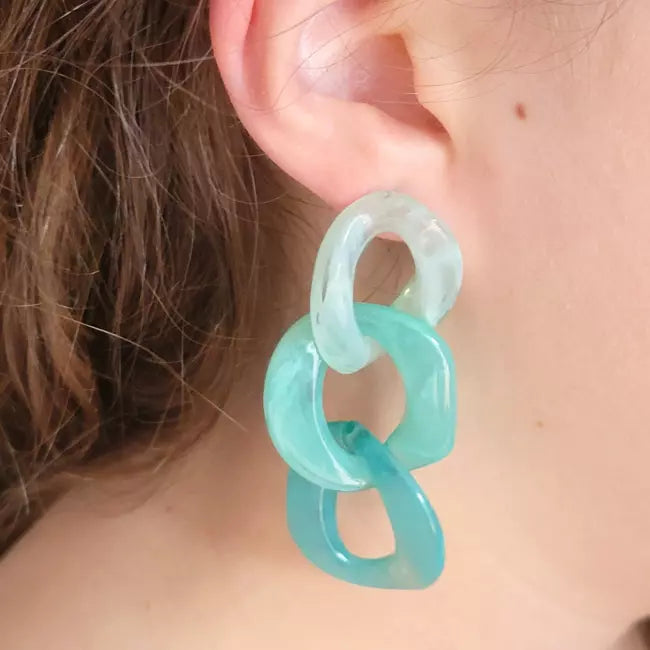 Boucles d’oreilles femme maillons acétate vert clair et turquoise – Bijou coloré tendance été