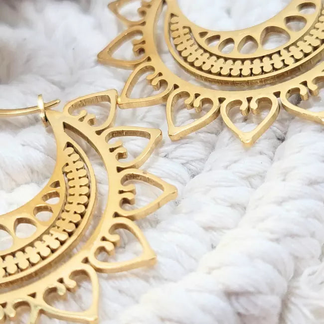 Boucles d’oreilles créoles dorées avec motif ajouré en forme de cœur – acier inoxydable