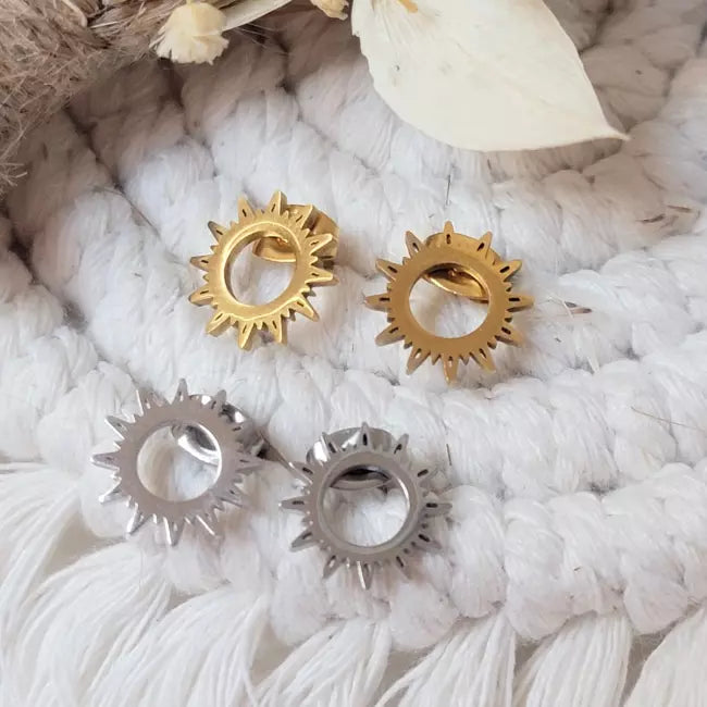 Boucles d’oreilles soleil argentées résistantes à l’eau en acier inoxydable