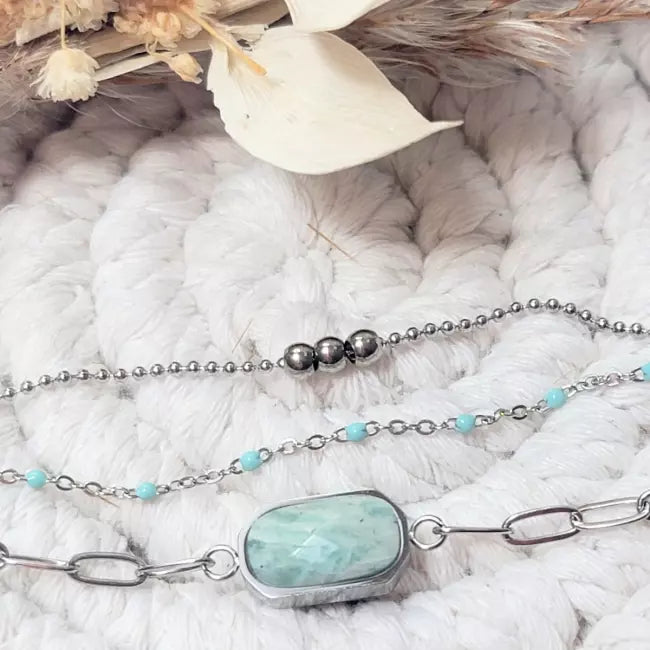 Bracelet multi-rang femme acier inoxydable avec perles et pierre rectangulaire turquoise