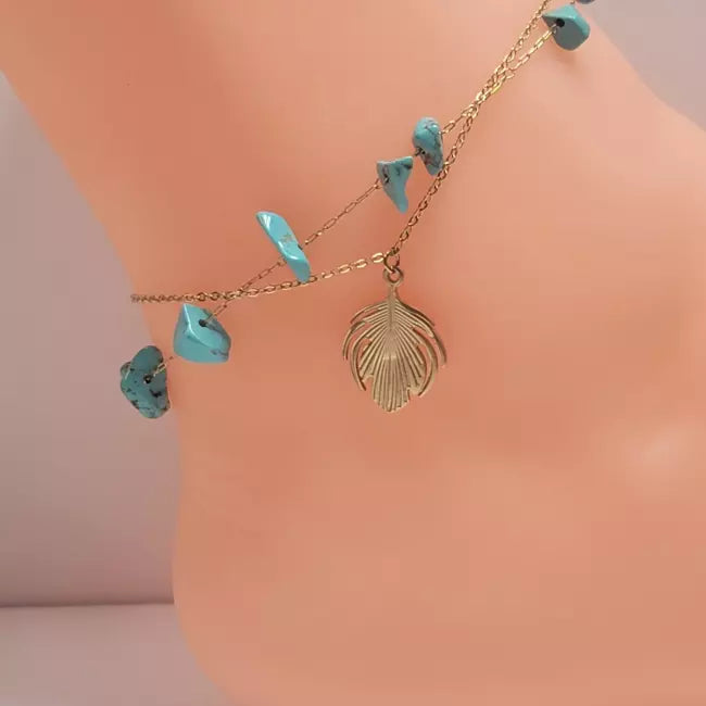 Bracelet de cheville doré double rang avec pierres turquoise et pendentif feuille