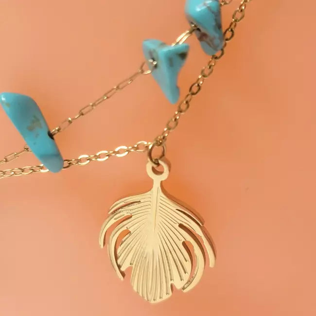 Bracelet de cheville doré double rang avec pierres turquoise et pendentif feuille