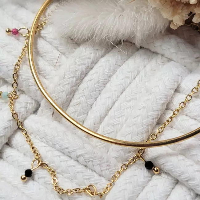 Bracelet double jonc doré femme avec perles colorées en acier inoxydable