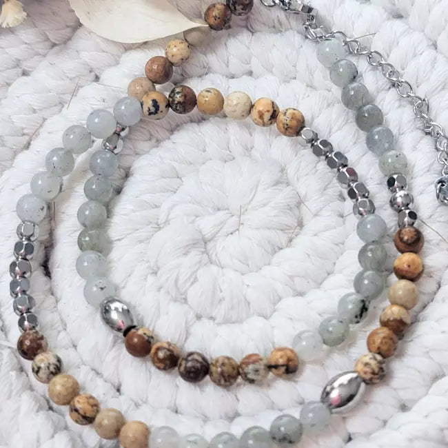 Bracelet double femme perles pierre naturelle et acier inoxydable
