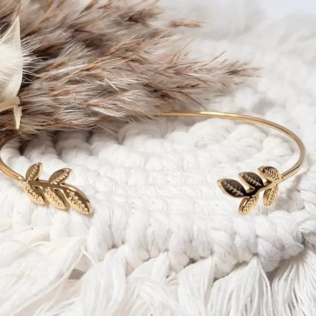 Bracelet jonc doré femme avec motifs feuilles d’olivier en acier inoxydable