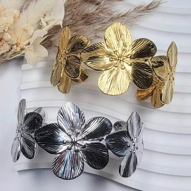 Bracelets manchette femme fleurs en acier inoxydable doré et argenté