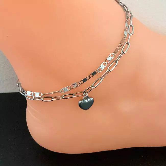Chaîne de cheville femme en acier inoxydable argenté avec pendentif cœur, bijou tendance