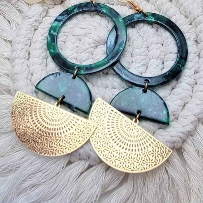 Bijou fantaisie tendance, boucles d’oreilles rondes et demi-lunes dorées avec anneau vert marbré