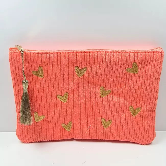 Trousse en velours côtelé rose brodée de cœurs dorés avec pompon, pochette femme