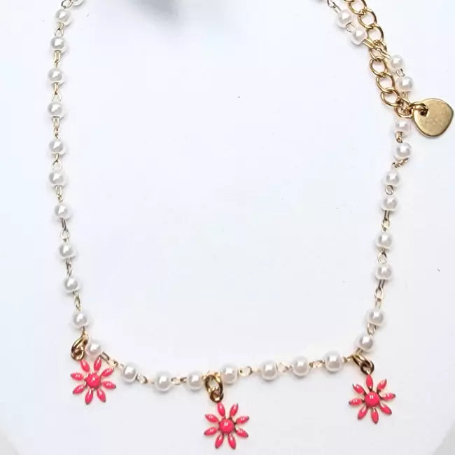 Chaîne de cheville dorée avec perles blanches et pendentifs fleurs émaillées colorées, bijou femme