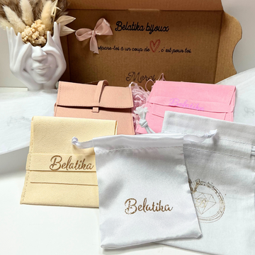 Packaging girly de Belatika. Pochon et boite d'envoi personnalisé et coloré
