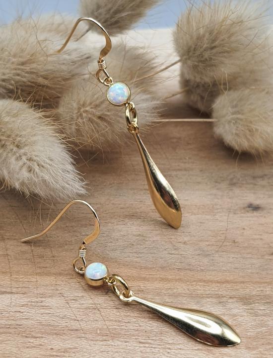 Boucles d'oreilles pendantes gouttes white opal en gold filled 14k