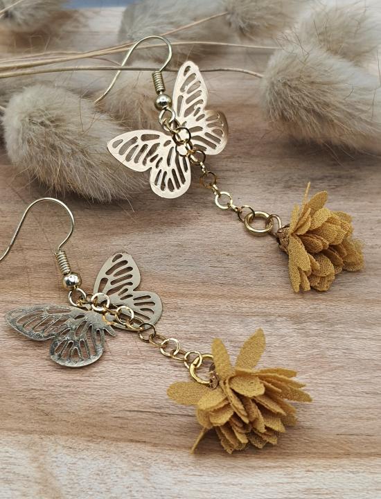 Boucles d'oreilles papillons pendantes doré/safran