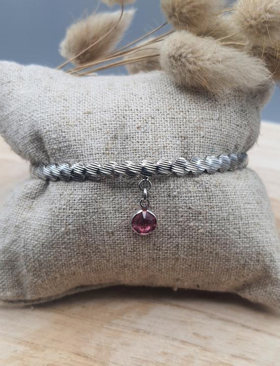 Bracelet Jonc ajustable en laiton argent et cristal rose
