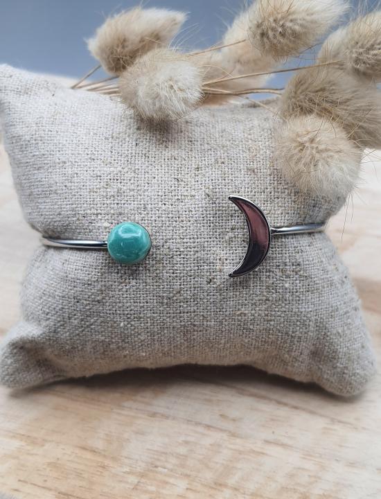 Bracelet jonc lune argenté et pierre gemme Turquoise