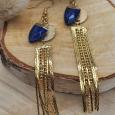 Boucles d'oreilles pendantes dorées à l'or fin frange et pierre gemme  Lapis Lazuli