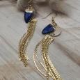 Boucles d'oreilles pendantes dorées à l'or fin frange et pierre gemme  Lapis Lazuli